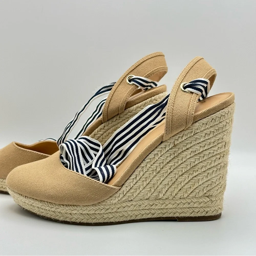 EXPRESS espadrille wedge Black/white Ribbon Ankle Wrap Fabric Tan size 9…